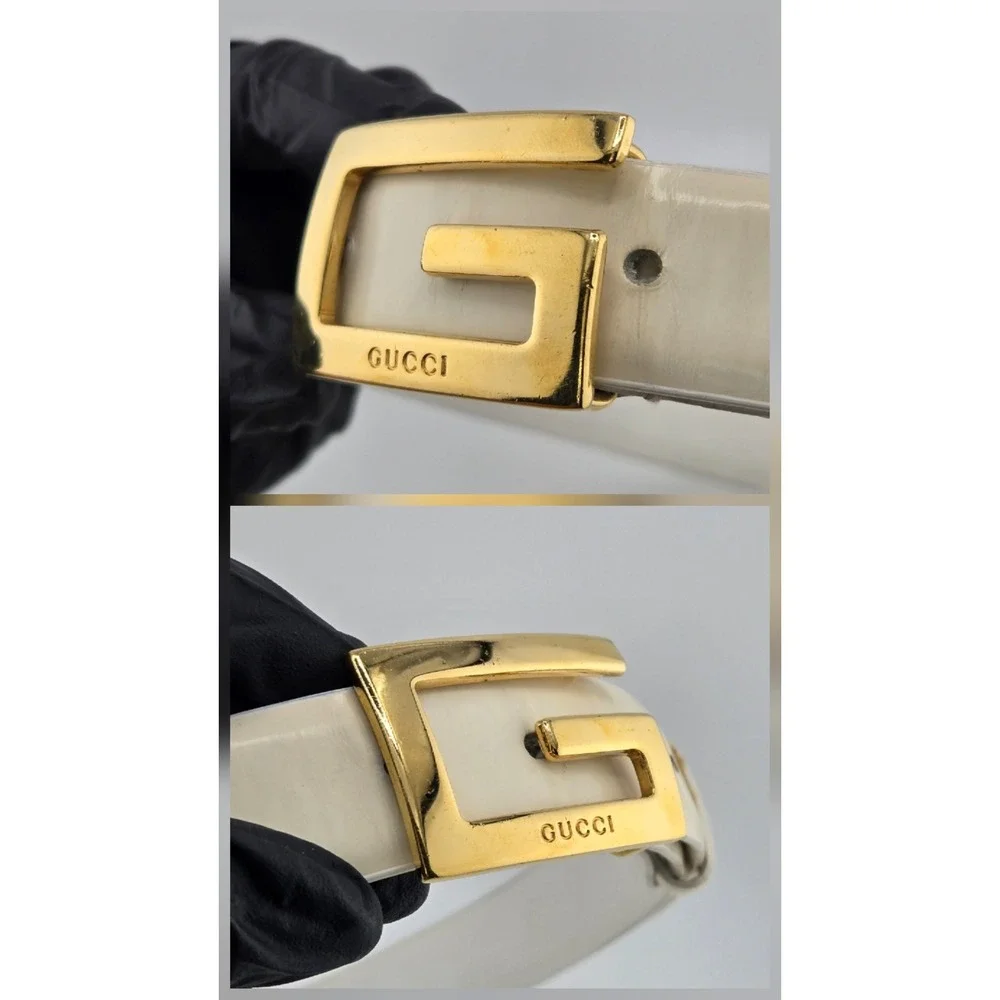Gucci White Patent Leather G Logo Buckle Belt Gold Tone Vintage 70 28 036-1406